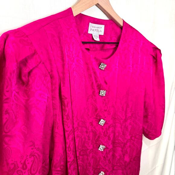 Vtg Silk ADRIANNA PAPEL Dress Plus 16 80s Glam Paisley Rhinestone Puff‎ Sleeve - Picture 3 of 13